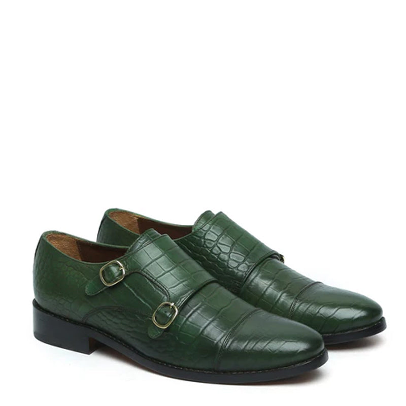 Men Crocodile Leather Double Black Monk Shoe