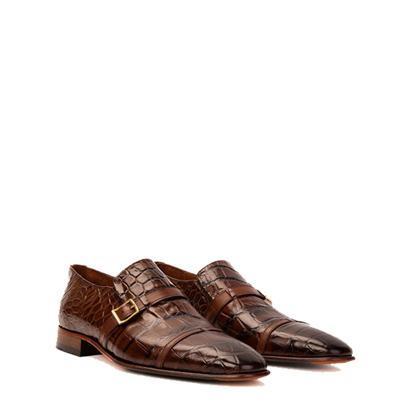 Blue Leather Single Monk Strap Cap Toe Men Shoe