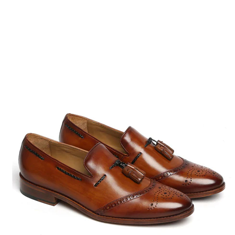 HandPainted Leather Slip On Tassel Tan Loafer
