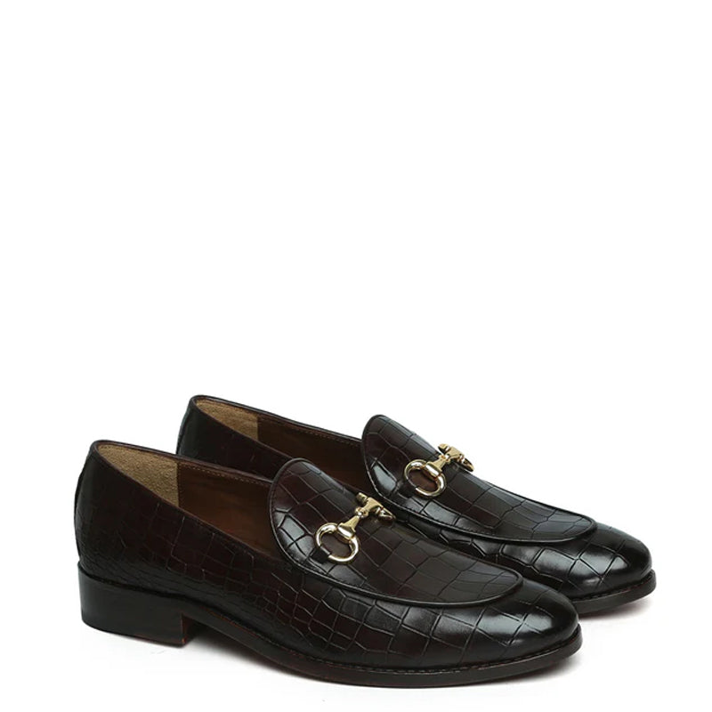 Croco Print Deep Cut Horse-bit Buckled Tan Loafer