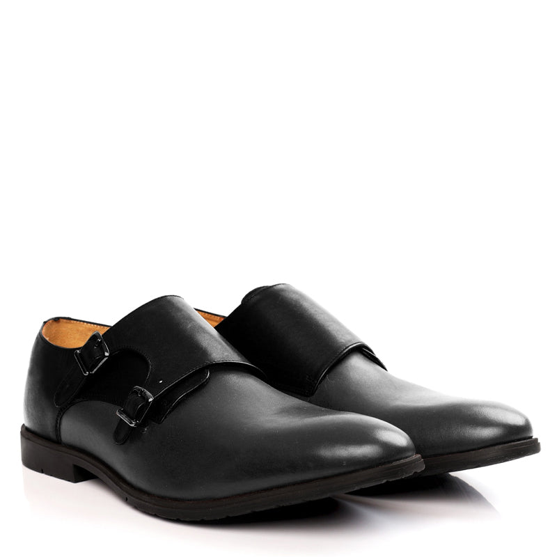 Leather Double Monk Strap Burgundy and Black Shoe For Men