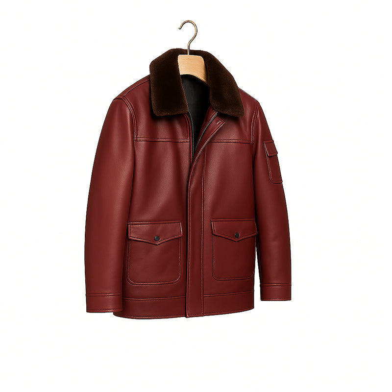 Men's Luxurious Brown Front Pocket Jacket with Fur Collar