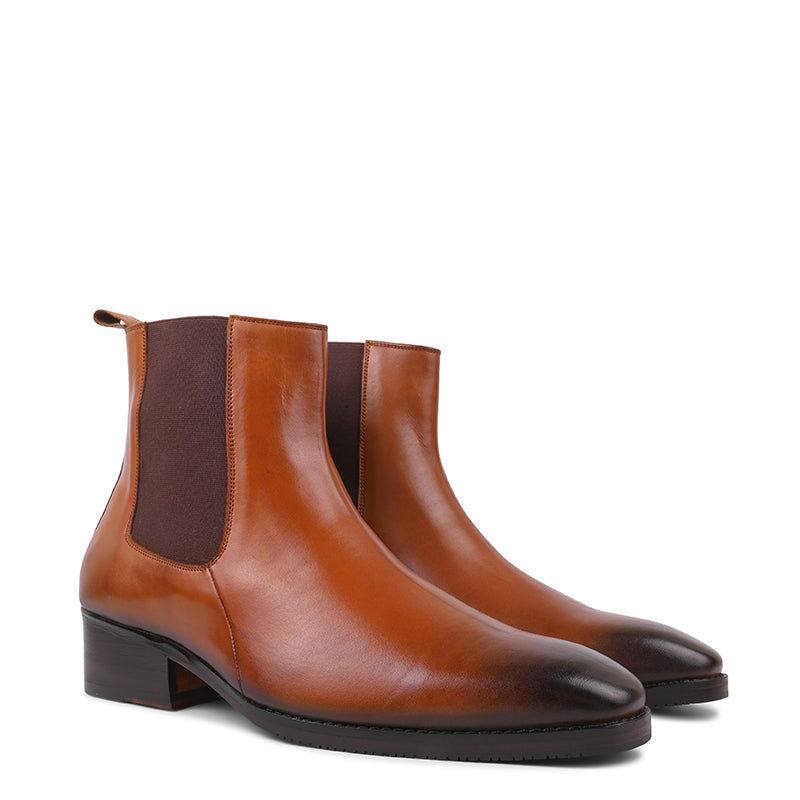 Men Solid High Top Leather Chelsea Tan Boot