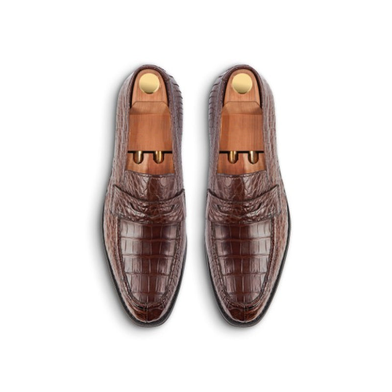 Croco Print Handmade Penny Leather Brown Loafer