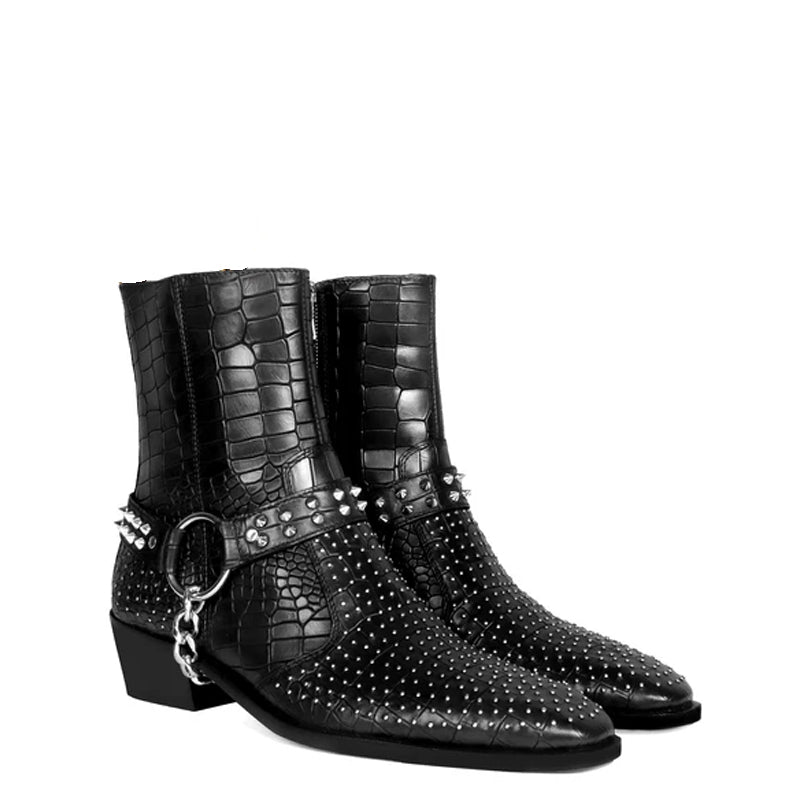 Croco With Silver Studded Buckle Side Zipper Chain Boots