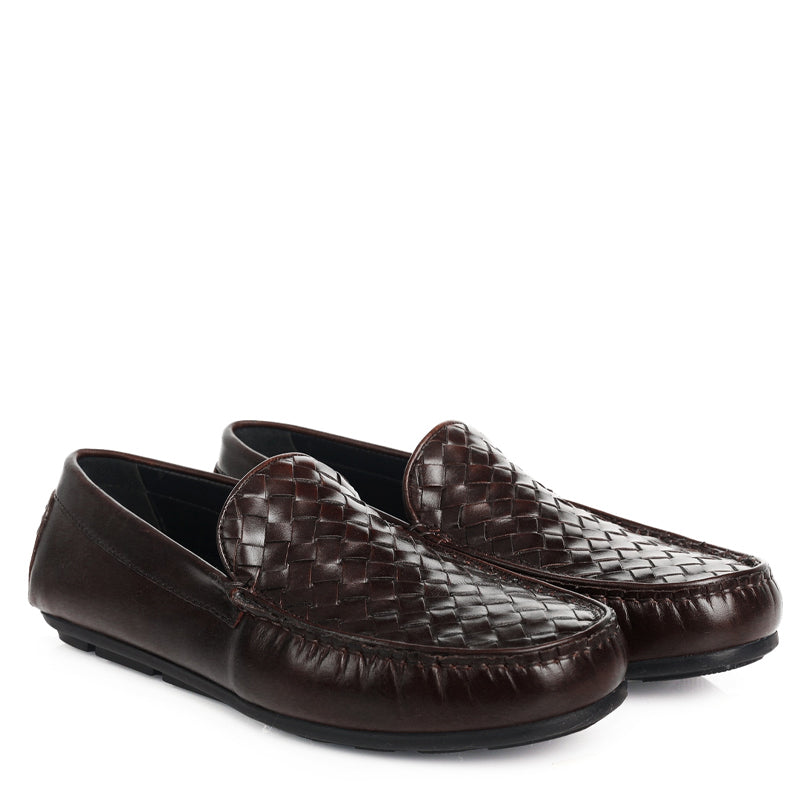 Premium Leather Weaved Textured  Driving Burgundy Loafer