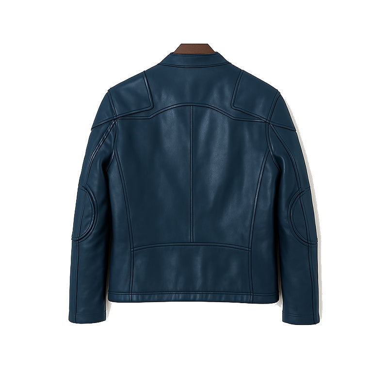 Men’s Zip-Up Vintage Tan Biker Jacket with Stand Collar & Pockets