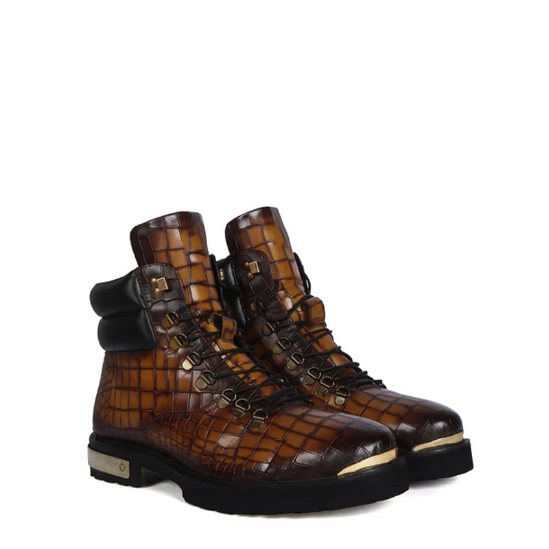 Croco Deep Cut Leather Lace-UP Ankle Boot