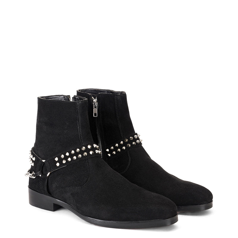 Luxury Spike Stud Velvet Side Zipper Black Boot With Chain