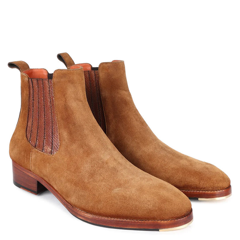 Suede Modern Chelsea Tan Boot With Leather Elastic