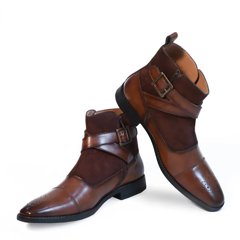 Leather Side Zip Up Buckled Ankle Brown Boot