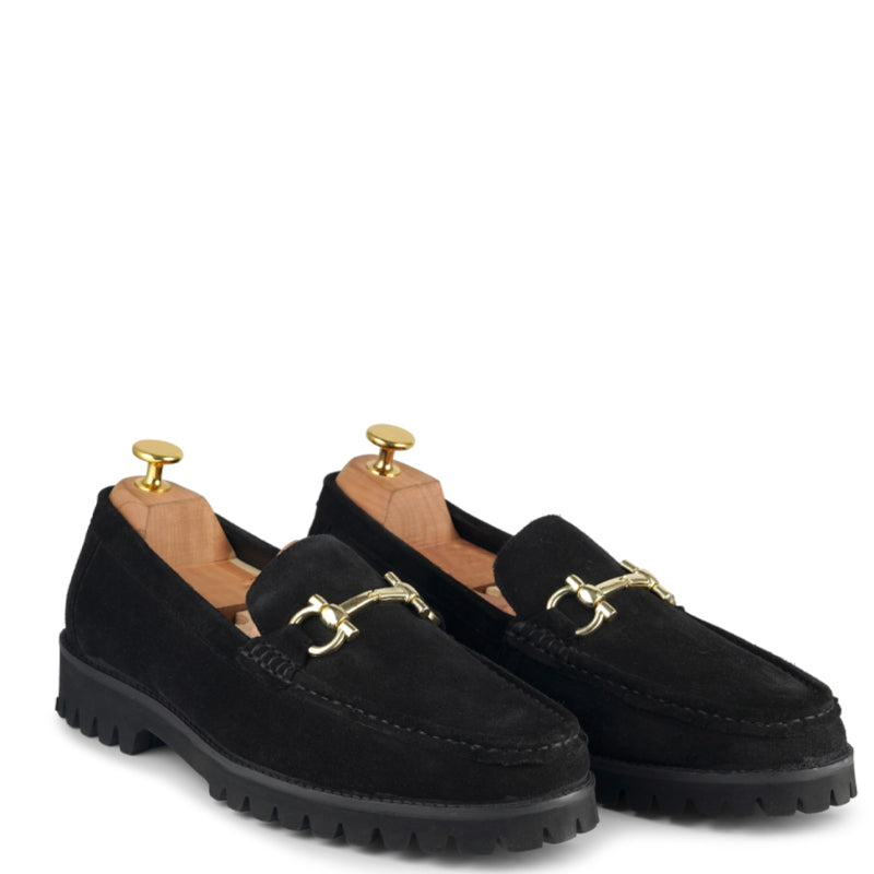 Suede Leather With Horse bit Buckled Black Loafer