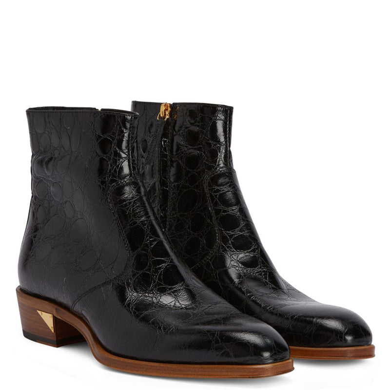 Croco Print Leather Chelsea High Ankle Black Boot