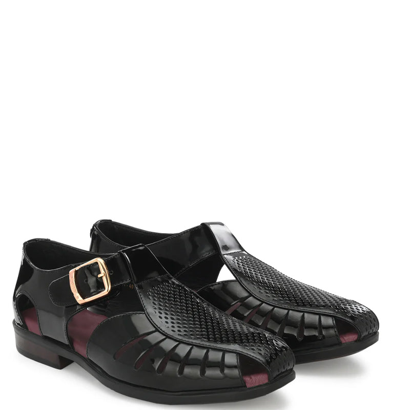 Men Slip-On Leather Brown Sandal With Buckle Accent