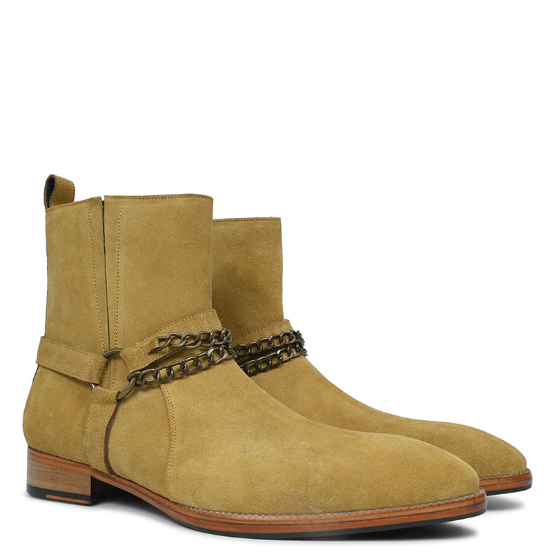 Mens Suede Leather Ankle Boots with Metal Chain