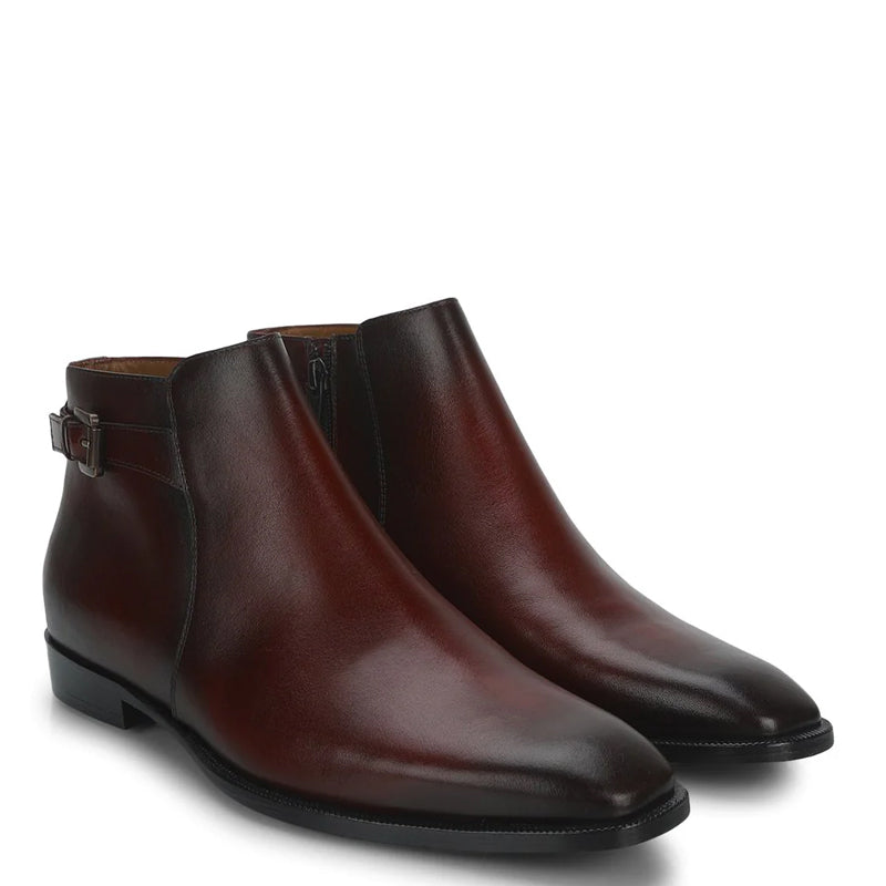 Men Solid Leather Side Zipper Brown Boot With Buckle