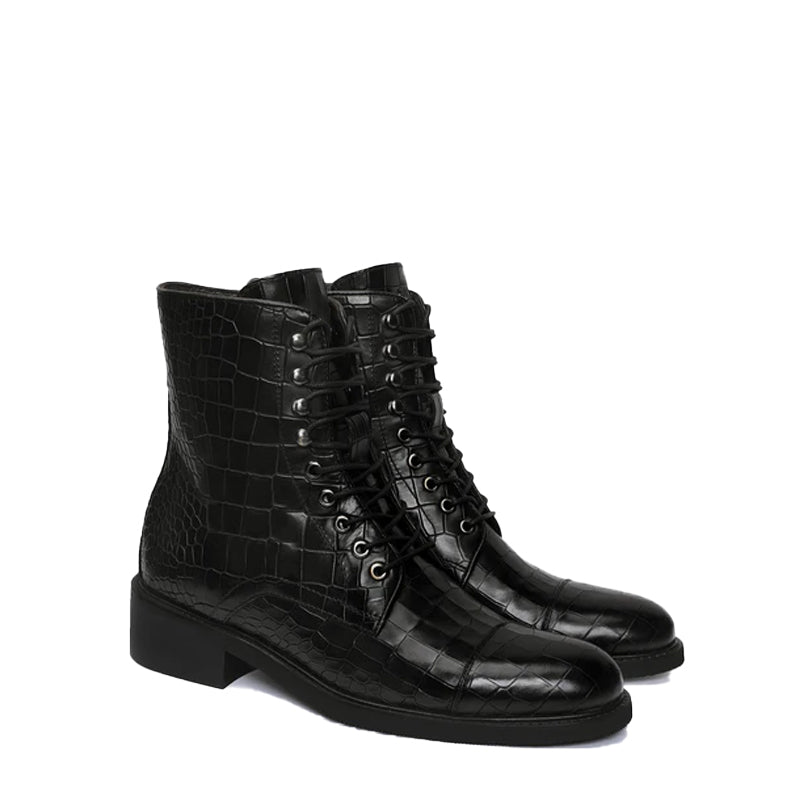 Croco Leather Lace-Up High Ankle Boot