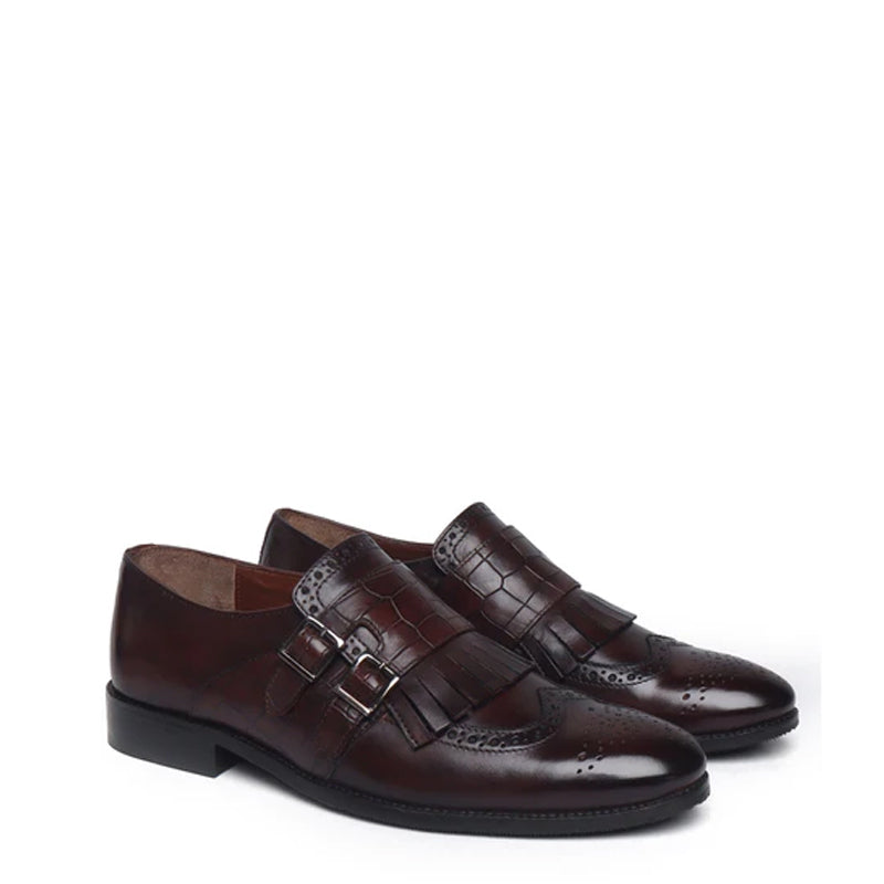 Croco Textured Double Monk Black Shoe with Fringes