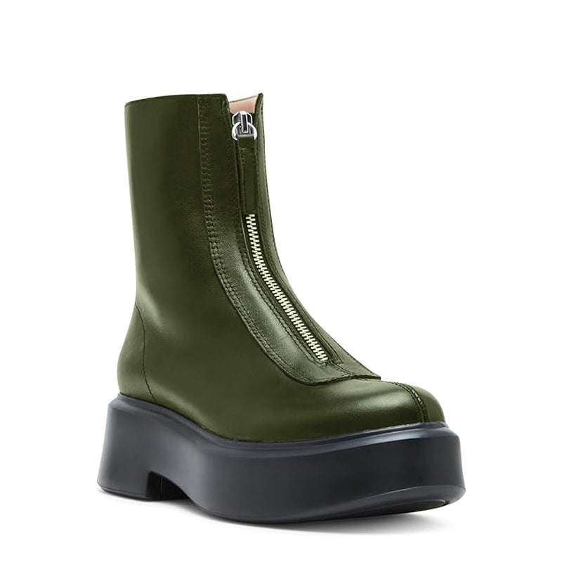 Premium Row Zipped-Front Leather Blue Ankle Boot