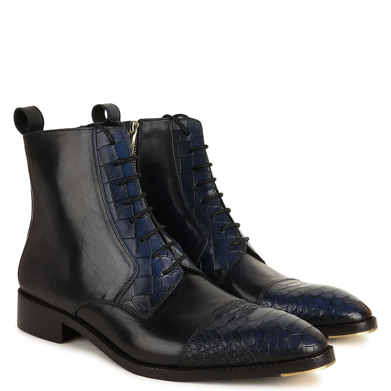 Croco Print Leather High Ankle Boots With Side Zip Up