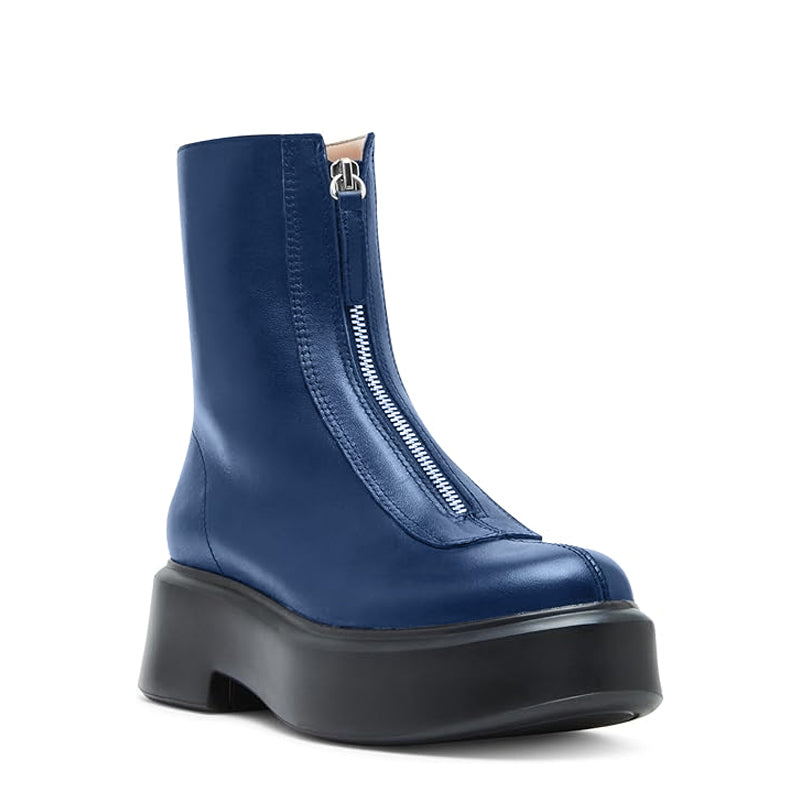 Premium Row Zipped-Front Leather Blue Ankle Boot