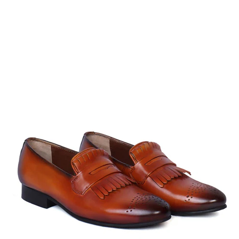Patent Leather Slip On Tan Shoe With Fringes