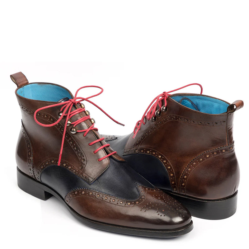 Men Dual Tone Leather Wingtip Ankle Green & Blue Burgundy Boot