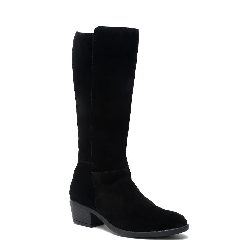 Women Suede Knee High Top Side Zipper Black Boot