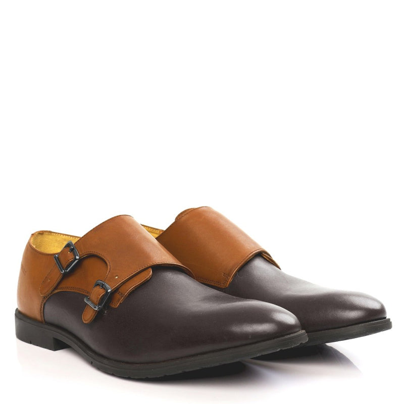 Leather Double Monk Strap Grey and Black Shoe For Men