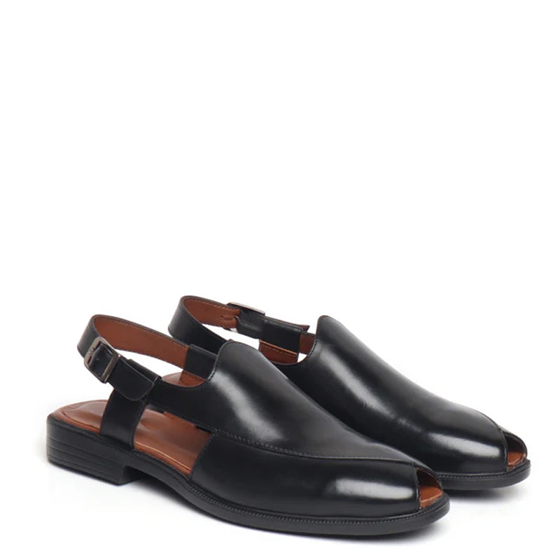 Cross Design Leather Comfort Peshawari Black Sandal