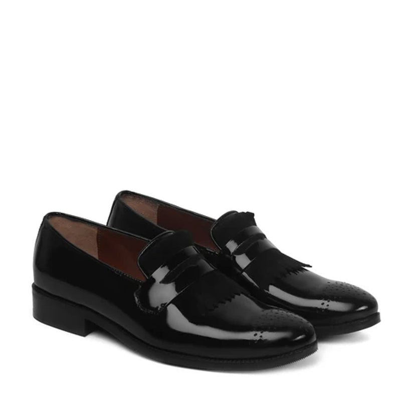 Patent Leather Slip-On Brown Shoe With Fringes