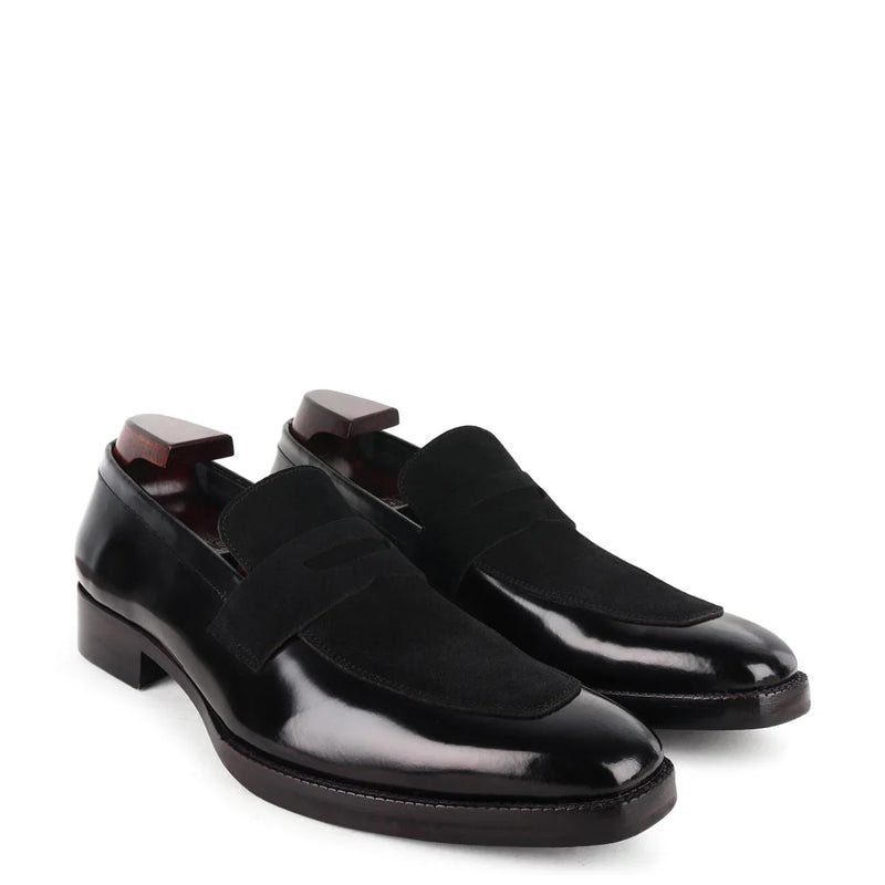 Suede Square Toe Shiny Leather Penny Loafer
