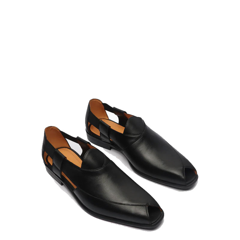 Classic Luxury Slip On Leather Peshawari Black Sandal