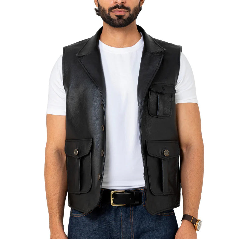 Men Slim Fit Half Sleeve Leather Jacket