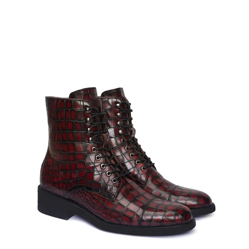Croco Leather Lace-Up High Ankle Boot