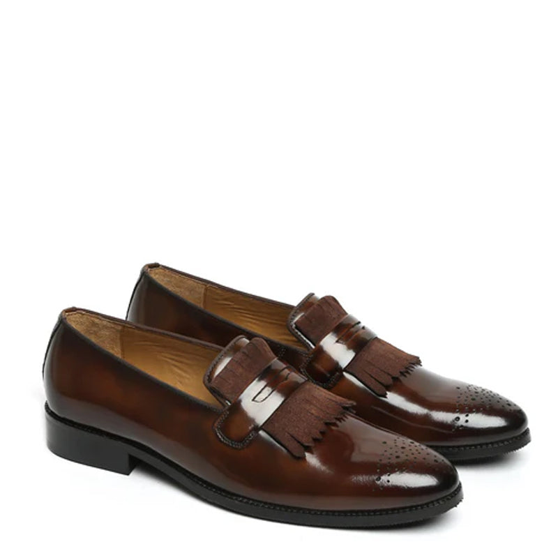 Patent Leather Slip On Brown Shoe With Fringes
