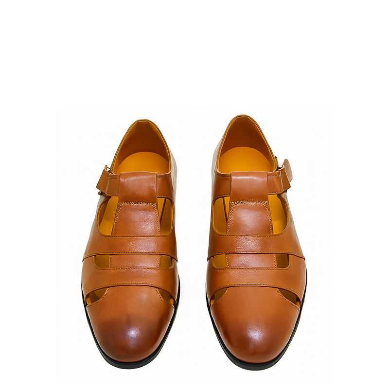 Closed Toe Tan Leather Sandal with Buckle Strap