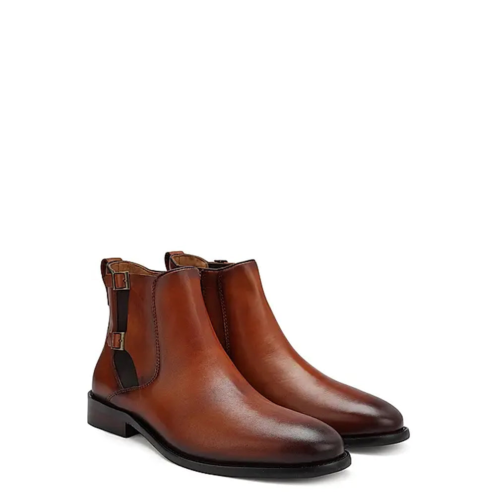 Plain Double Buckle Leather With Side-Zipper Boots