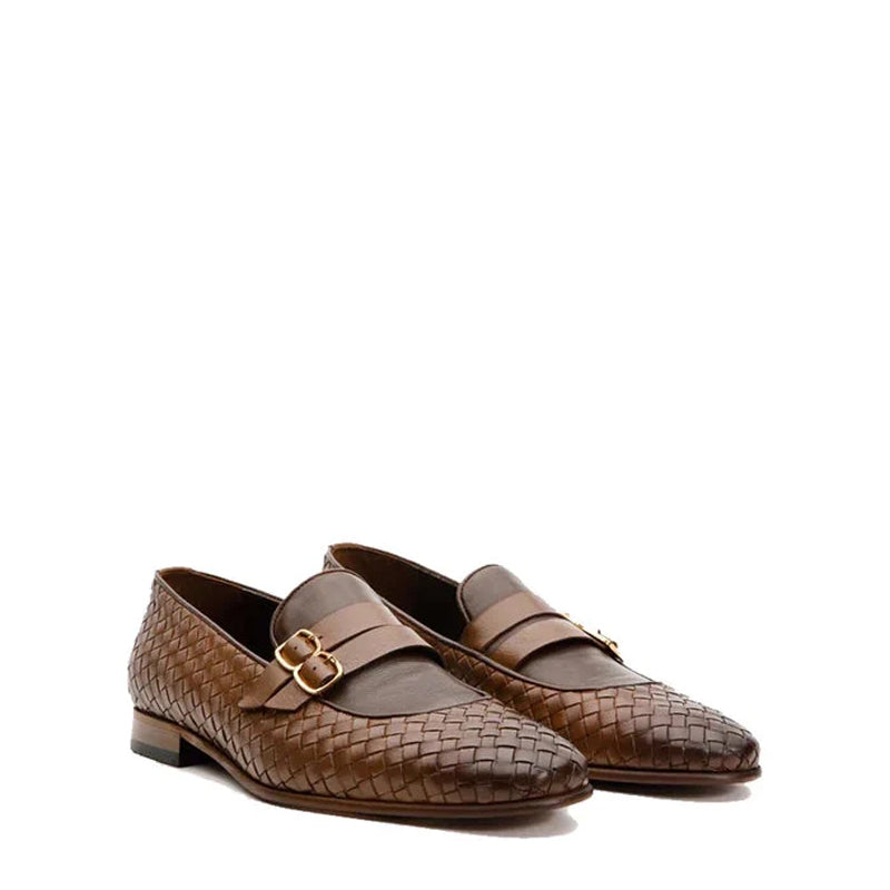 Men Leather Woven Double Monk Strap Black Shoe