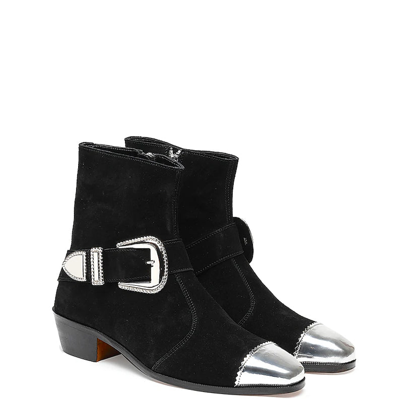 Luxury Suede Stylish Side Zipper Black Boot With Silver Toe Cap