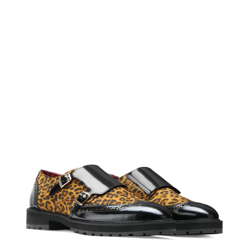 Leapard Printed Leather Double Monk Strap Shoe