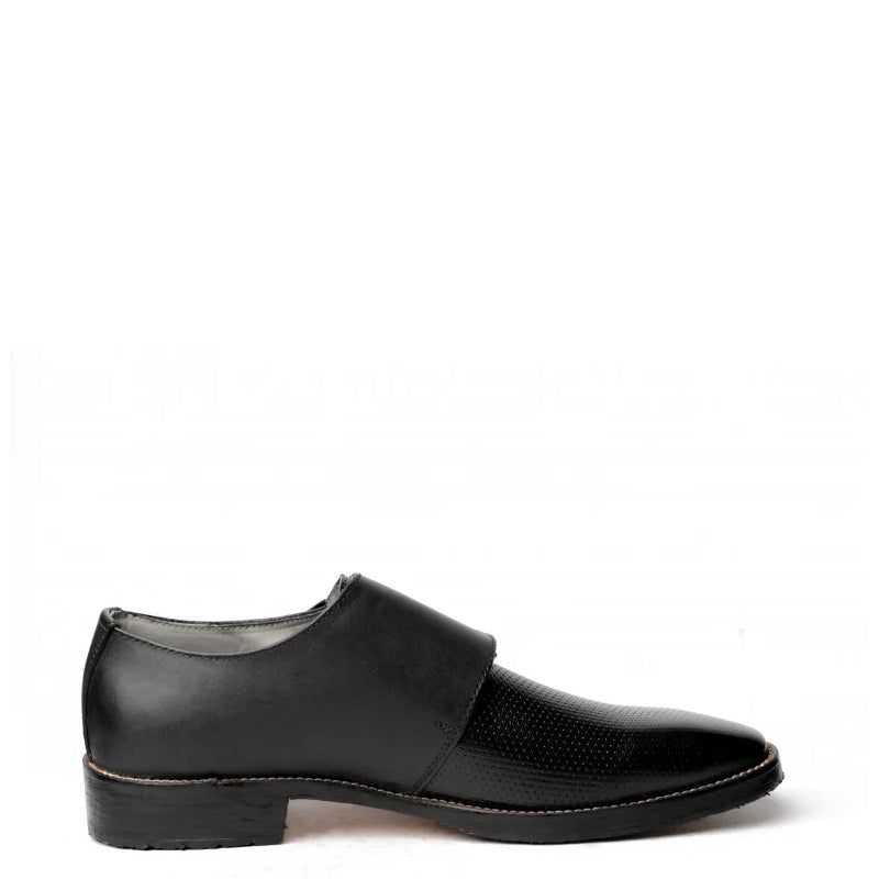 Men Textured Leather Black Single Monk Strap Shoes