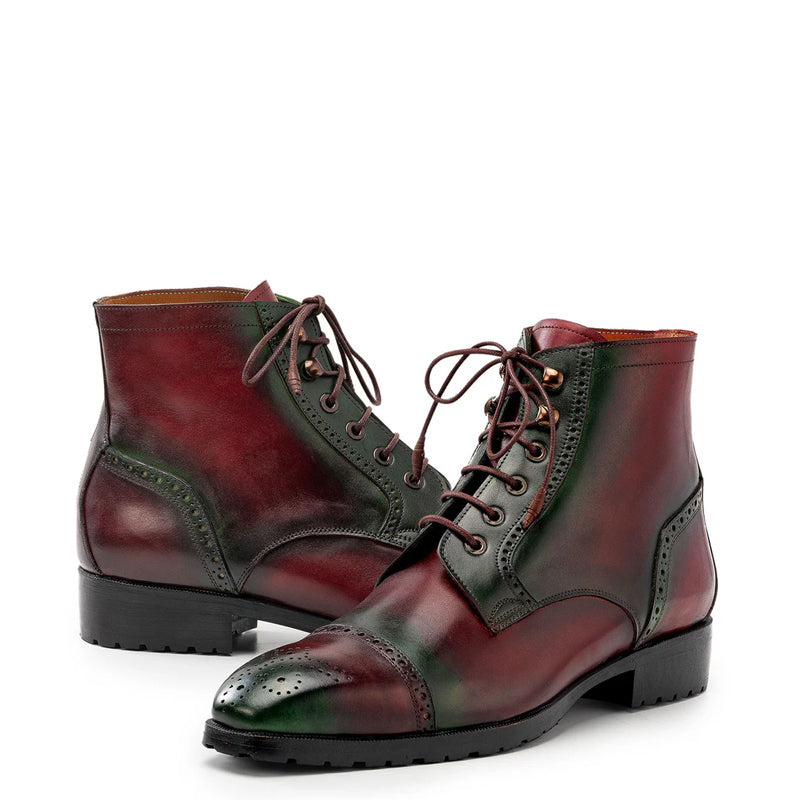 Men Hand Painted Leather Lace Up Cap Toe Boots