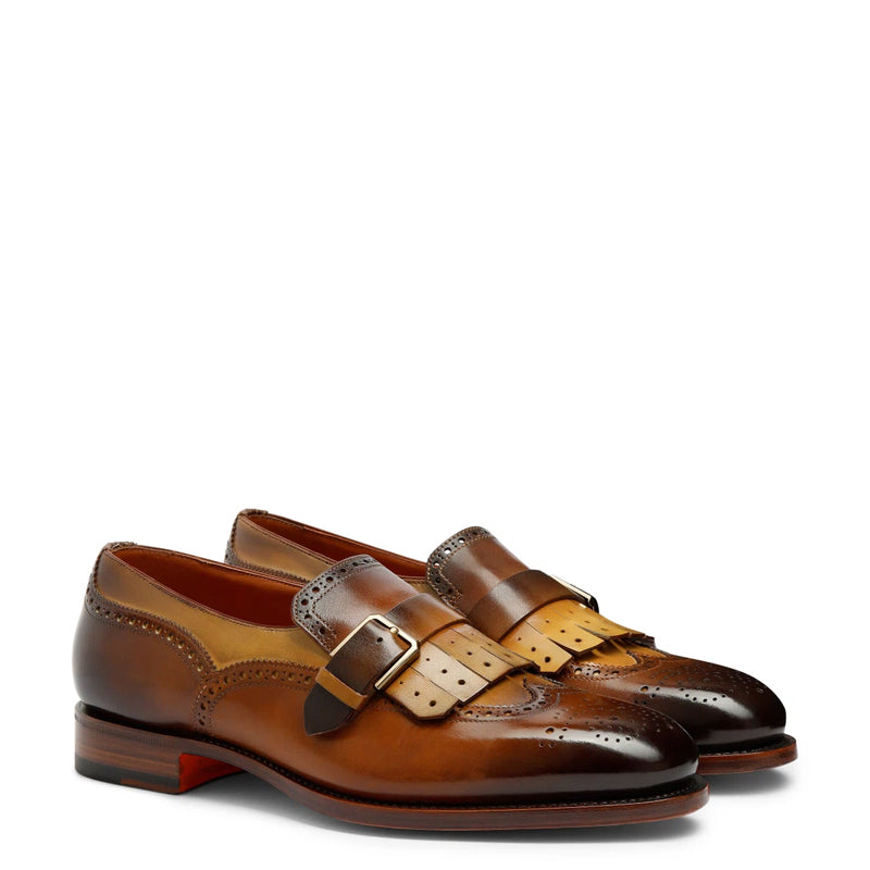 Handmade Leather Single Buckle Brown Loafer With Fringe