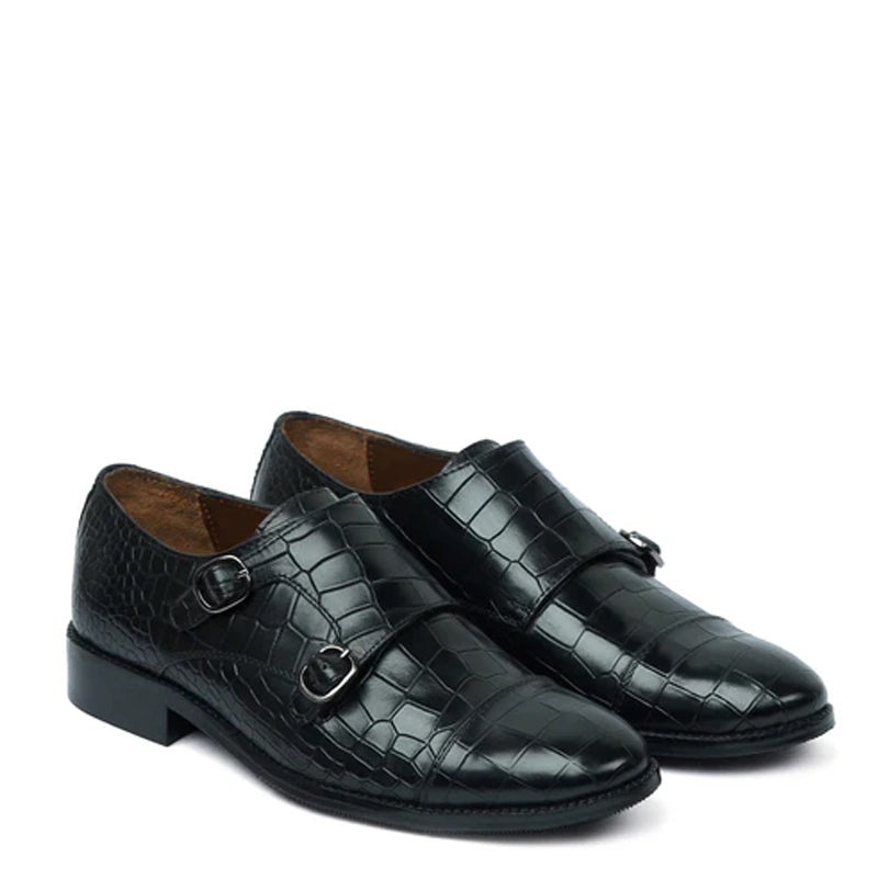 Croco Textured Leather Double Monk Green Shoe