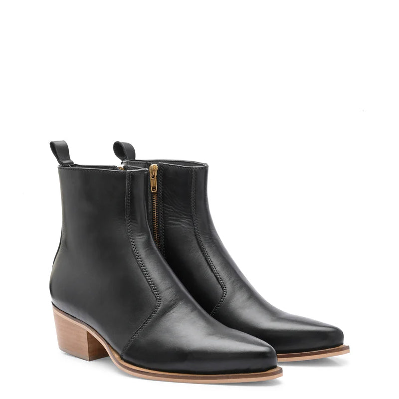 Polished Leather High Heel Side Zipper Boot Black