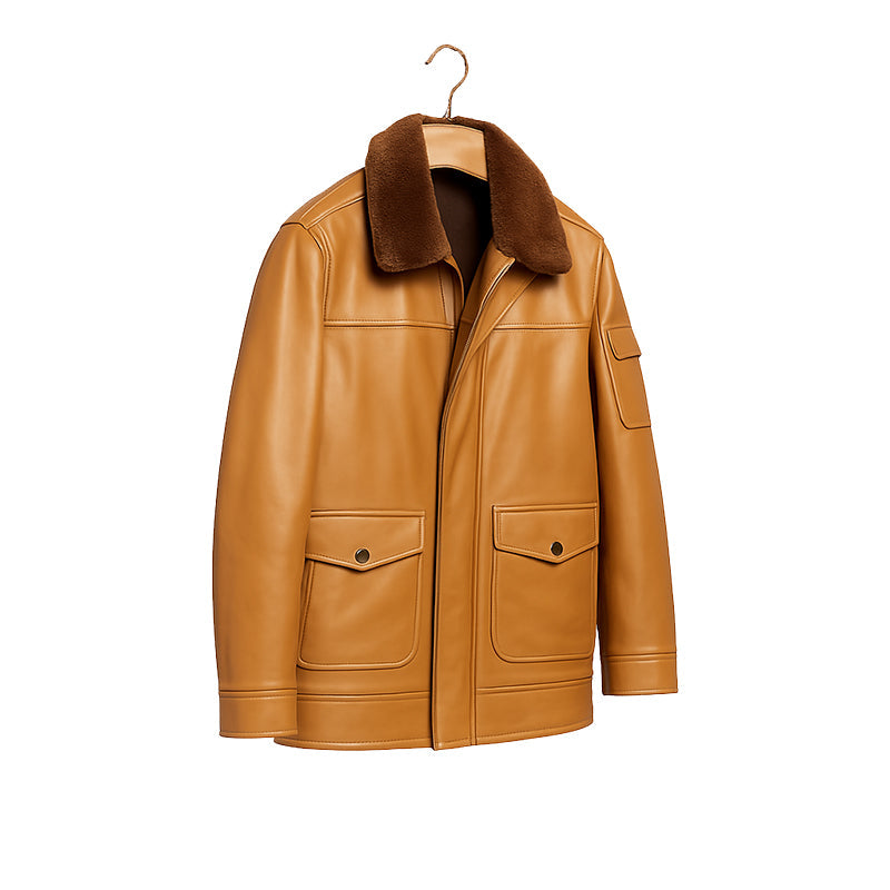Men s Luxurious Tan Front Pocket Jacket with Fur Collar