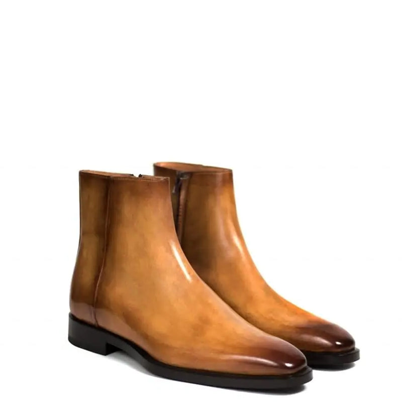Classic Midnight Shiny Leather Side Zipper Tan Boot