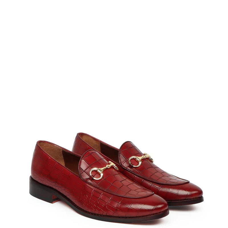Croco Deep Cut Horse-bit Buckled Leather Dark Brown Loafer