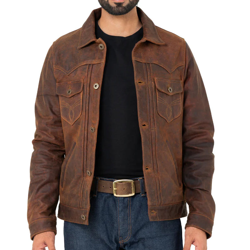 Men Solid Leather Trucker Jacket
